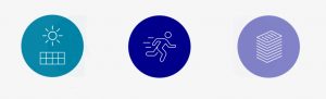 Three symbols: A sun and a stack of documents person running and solar panel