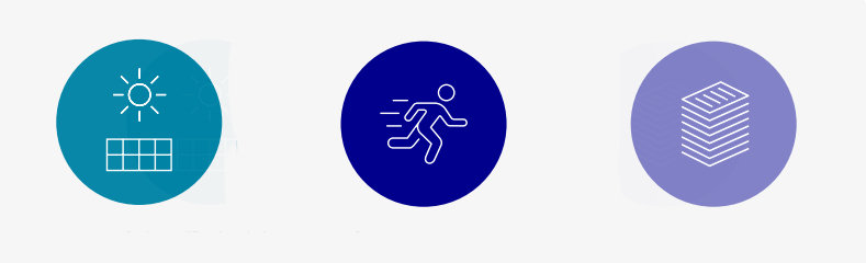 Three symbols: A sun and a stack of documents person running and solar panel