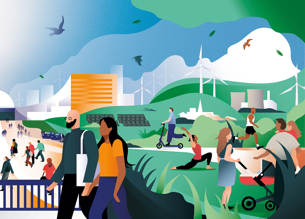 Graphic of electtric turbines and solar apnels in a green space surrounded by people